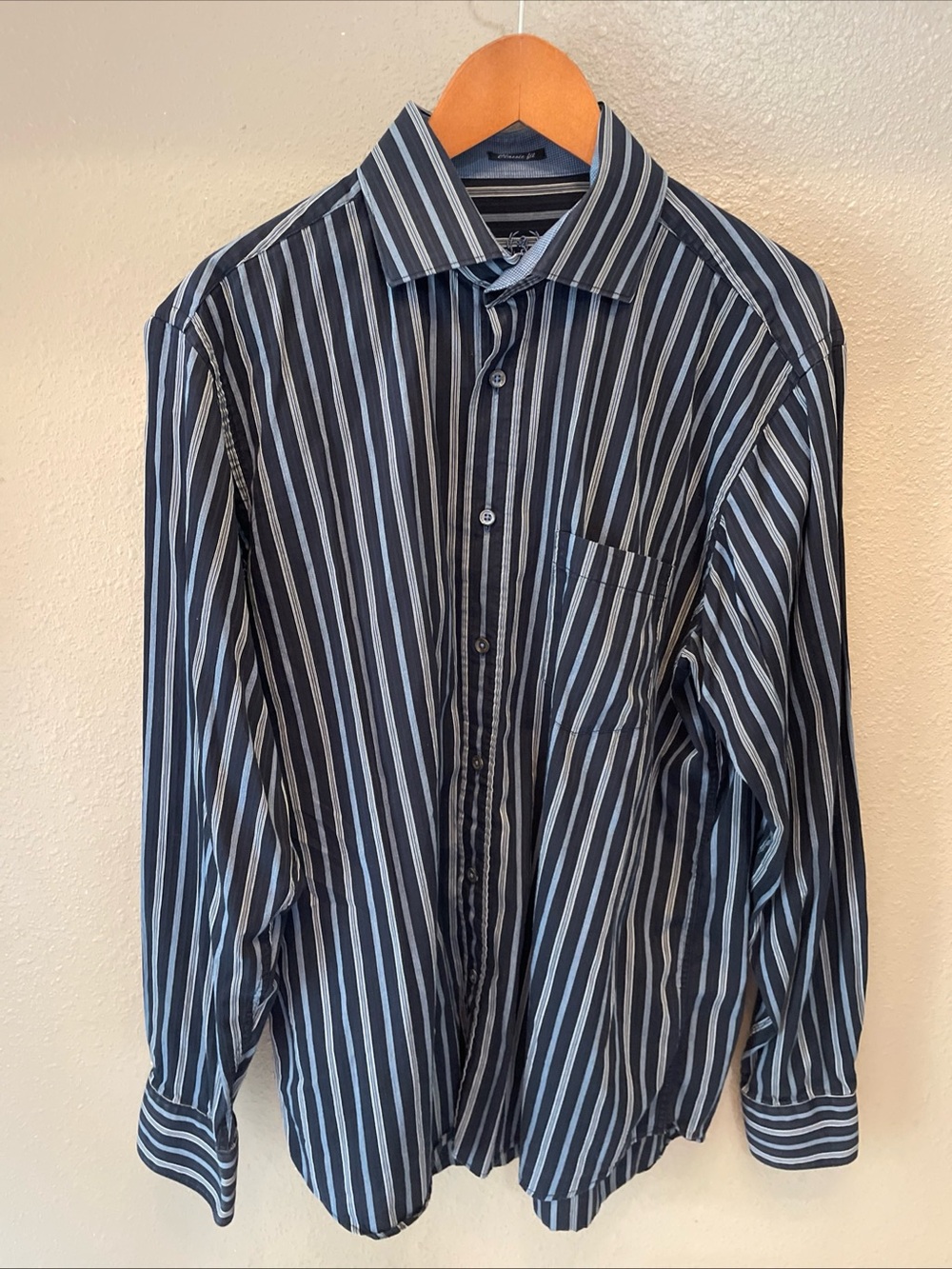 Bugatchi Navy and White Vertical Stripe Button-Down Shirt